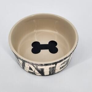 Stoneware Dog Water Dish – Black & Cream with Bone Design